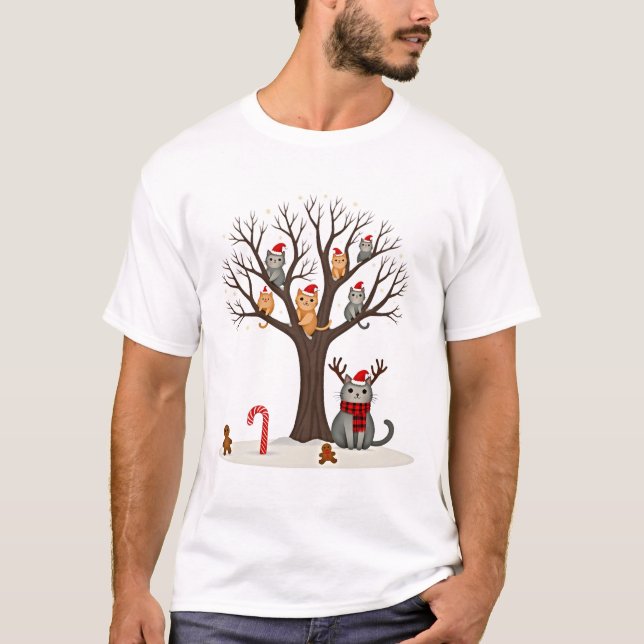 T-shirt Cats In Snow Tree Winter Christmas Santa Hat X-mas (Devant)