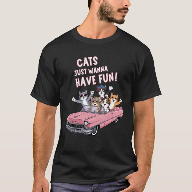 T-shirt Cats Just Wanna Have Fun – Cats in Pink Cadillac (Devant)
