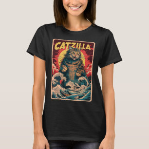 T-shirt Catzilla Art Japonais Drôle Chat Vintage Graphisme