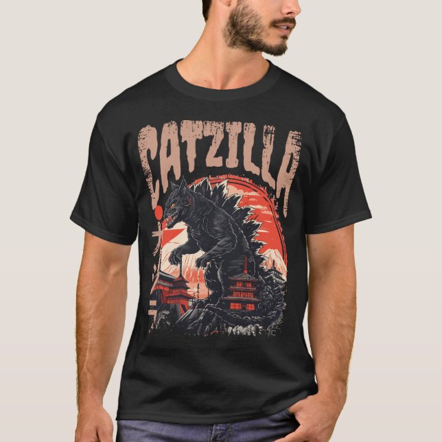 T-shirt Catzilla Art Japonais Funny Cute Cat (Devant)