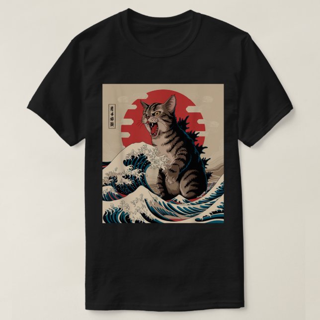T-shirt Catzilla Art Japonais Vague Amoureux de les chats (Design devant)