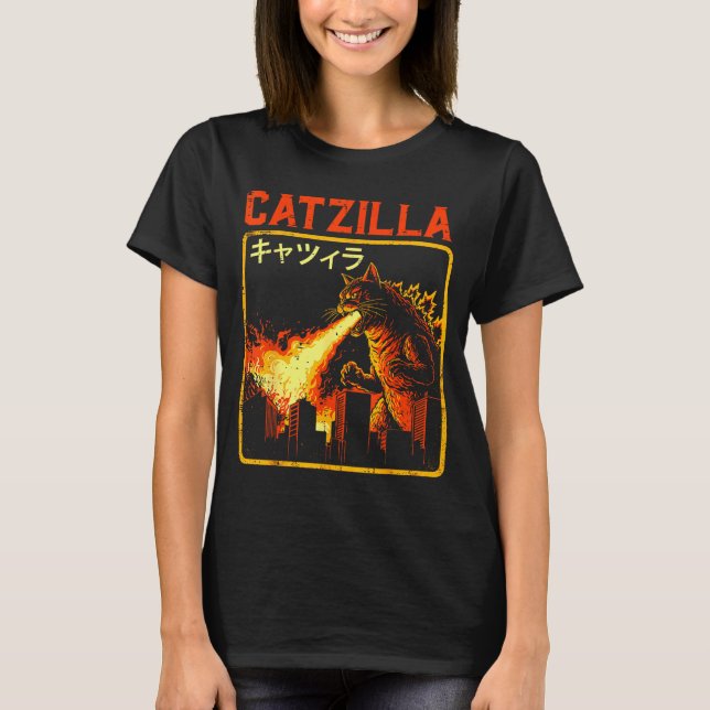 T-shirt Catzilla Cat Monster Funny Japanese Parody Women M (Devant)