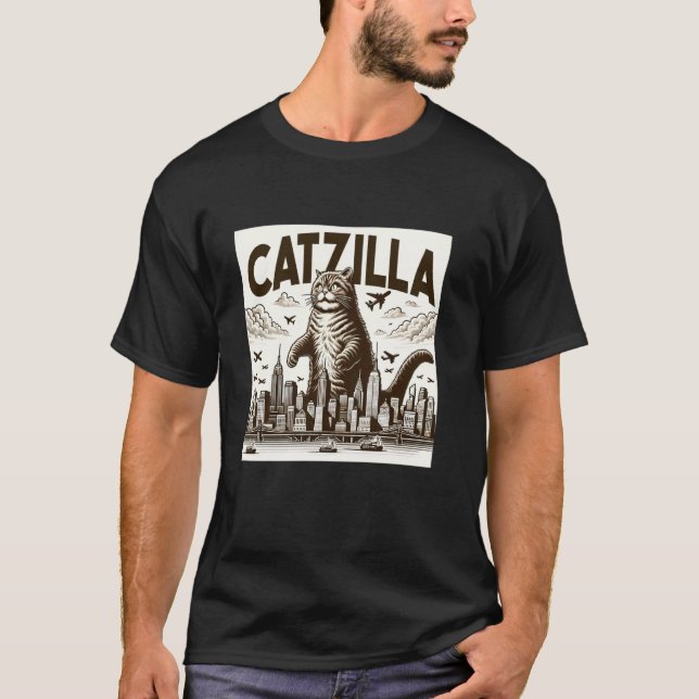 T-shirt Catzilla drôle amateur de chat urbain attaque chat (Devant)