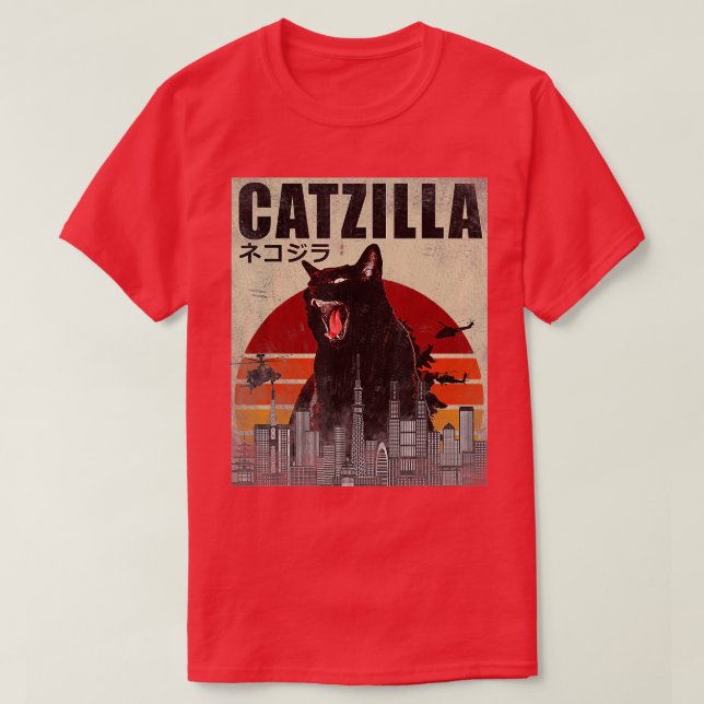 T-shirt Catzilla Funny Chat Japonais coucher de soleil (Design devant)