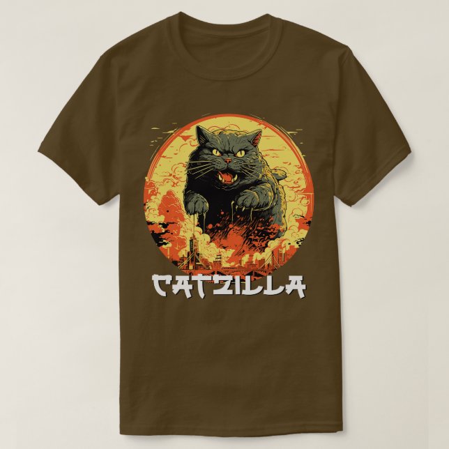 T-shirt Catzilla Japonais Coucher de soleil drôle Chat Par (Design devant)