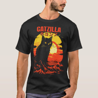 T-shirt Catzilla Japonaise Kanji Retro Mountain Sunset Cat
