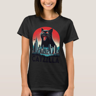 T-shirt Catzilla Noir Art Japonais Coucher de soleil drôle