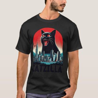 T-shirt Catzilla Noir Art Japonais Coucher de soleil drôle