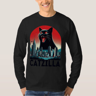 T-shirt Catzilla Noir Art Japonais Coucher de soleil drôle