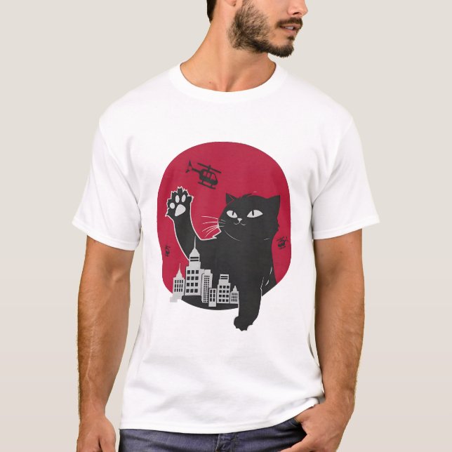T-shirt Catzilla - Parodie de chat noir géant avec la vill (Devant)