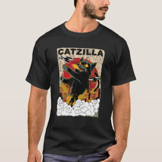 T-shirt Catzilla vintage Chat géant Anime japonais Black F