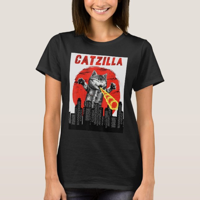 T-shirt Catzilla Vintage Cute Chat Sunset Catzilla (Devant)