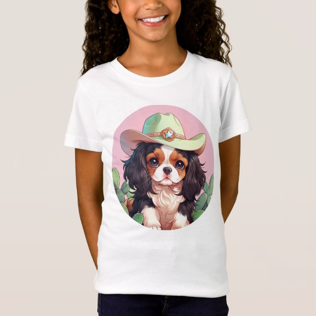 T-Shirt Cavalier King Charles pastel rose cowboy (Devant)