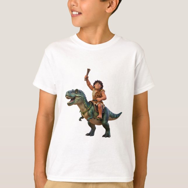T-shirt Caveman Riding Dinosaur Cartoon Image (Devant)