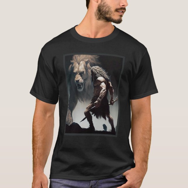 T-shirt Caveman Warrior with Friendly Lion chasing the sam (Devant)