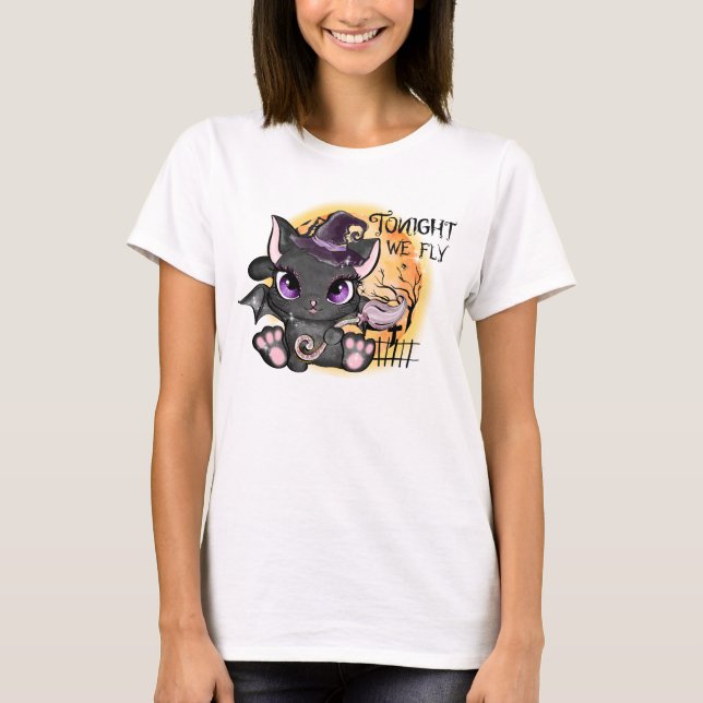 T-shirt Ce soir, nous volons - Chat Sorcière Noire (Devant)