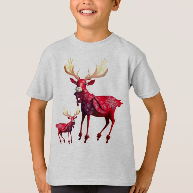 T-shirt Célébration de Noël Renne Rouge Élégant (Devant)