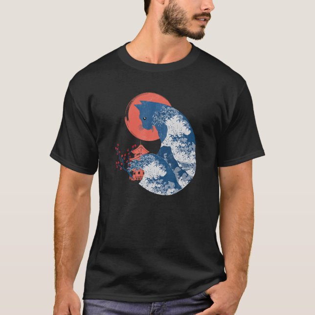 T-shirt Célèbre Grande Vague Kanagawa Ukiyoe Neko Kaiju Wh (Devant)