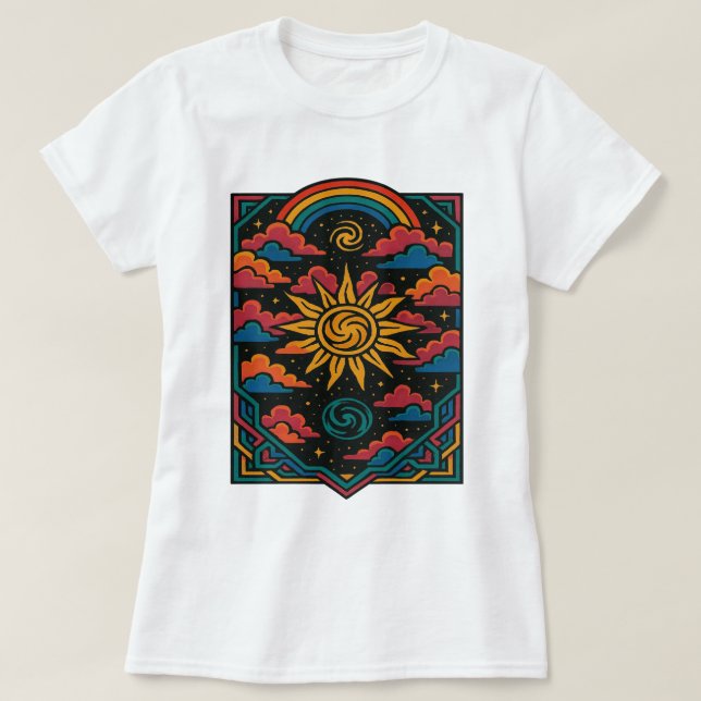 T-shirt Céleste Dreams - Retro Sun & Rainbow Tarot Art (Design devant)