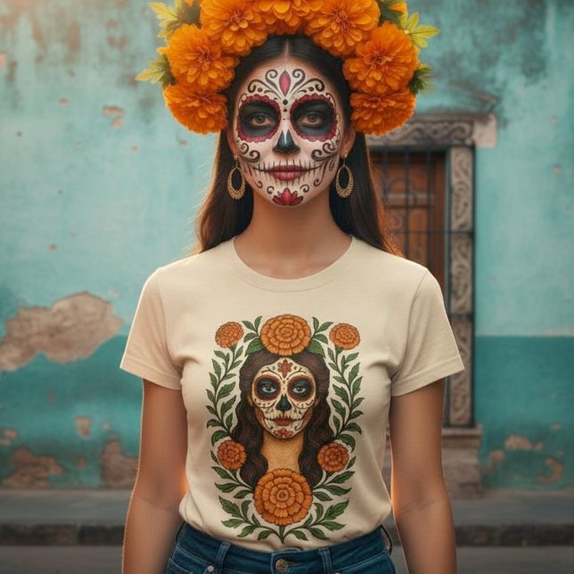 T-shirt Cempasúchil Aztec Marigolds Botanique Catrina (Cempasúchil Aztec Marigolds Botanical Catrina T-Shirt.)