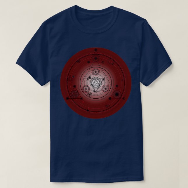 T-shirt Cercle de mandala rouge Maroon avec symboles alchi (Design devant)