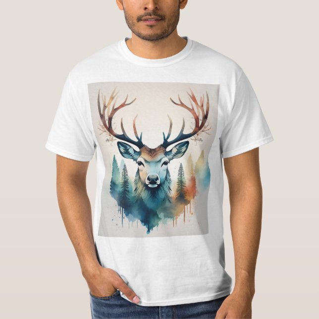 T-shirt Cerf aux bois et forêt (Devant)