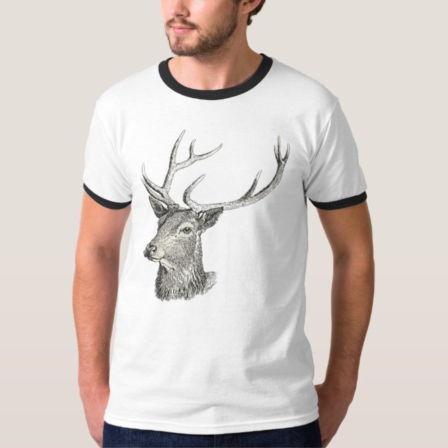 T-shirt Cerf Buck Head avec Antlers Black and White Art (Devant)