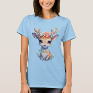 T-shirt Cerf de Bébé mignon avec Antlers et Fleurs