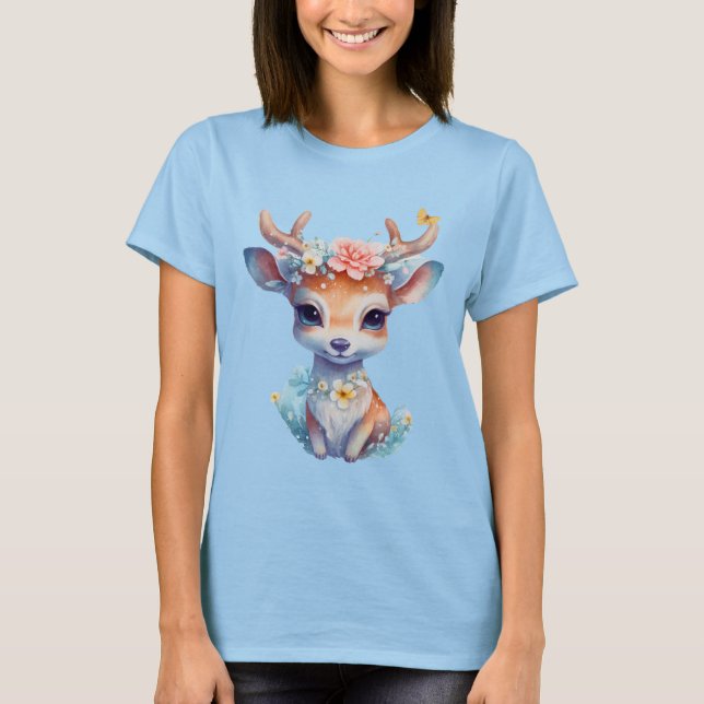T-shirt Cerf de Bébé mignon avec Antlers et Fleurs (Devant)