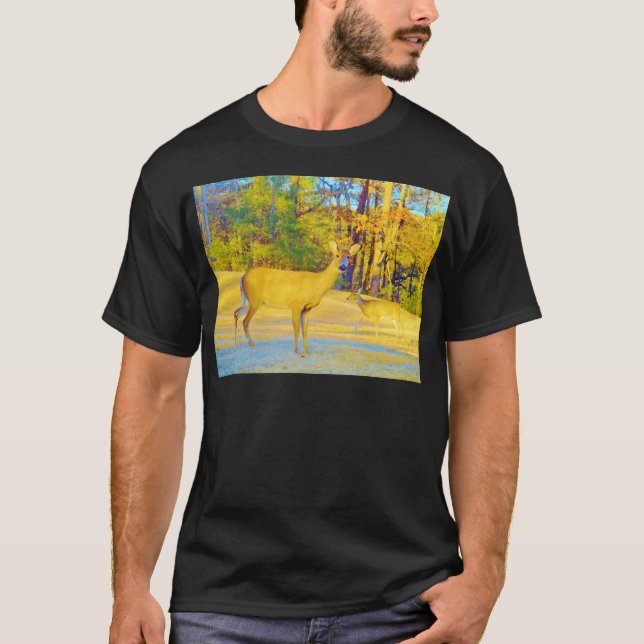 T-shirt Cerf de couleur moutarde avec bleu clair (Devant)