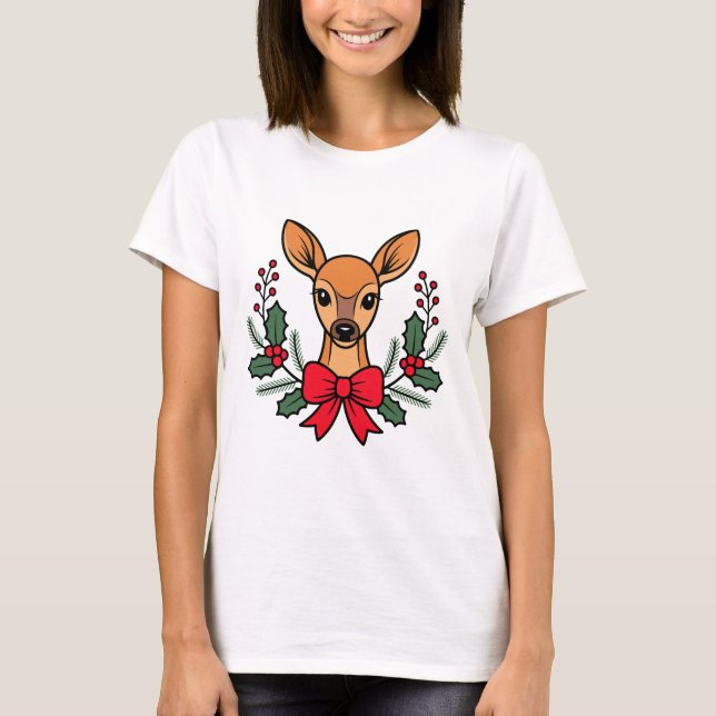 T-shirt Cerf de Noël avec Couronne de houx au ruban rouge  (Devant)