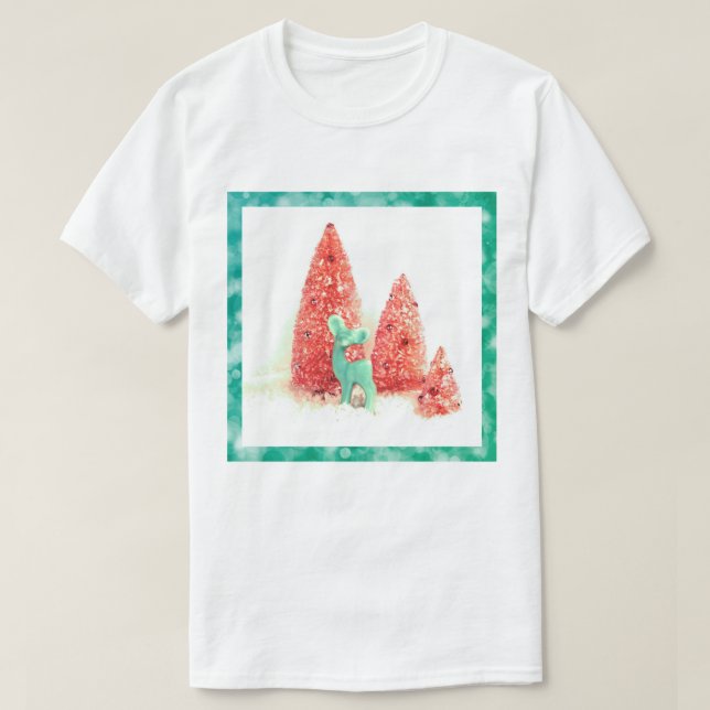 T-shirt Cerf de Noël rétro avec cadre Aqua (Design devant)