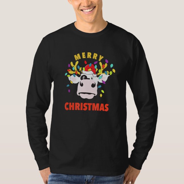 T-shirt Cerf de vache de Noël aux lumières Pjama moche (Devant)