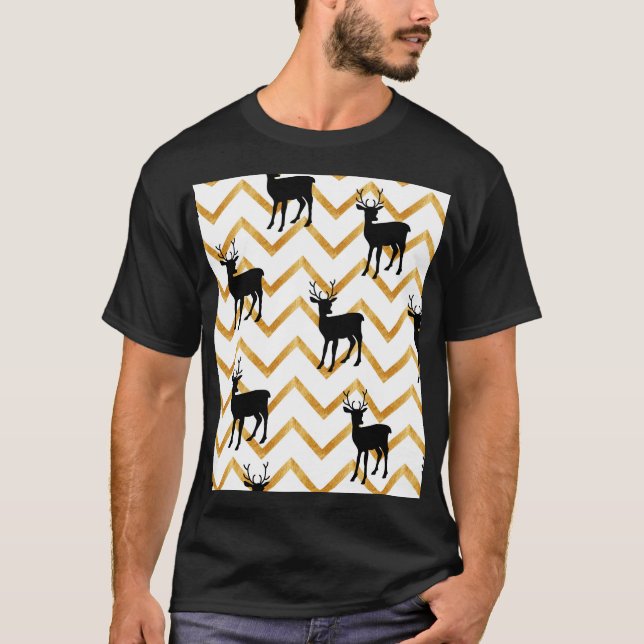 T-shirt Cerf noir, motif de texture or. (Devant)