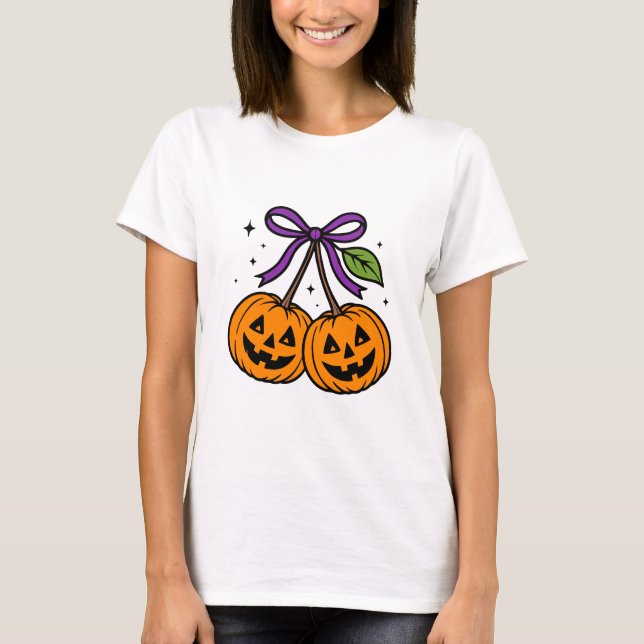 T-shirt Cerises Citrouilles d'Halloween mignonnes avec Bow (Devant)