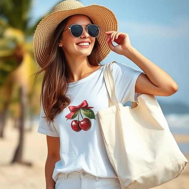 T-shirt Cerises et bow (Cherries-Cherries with a Bow-Trendy Fashion White T shirt)
