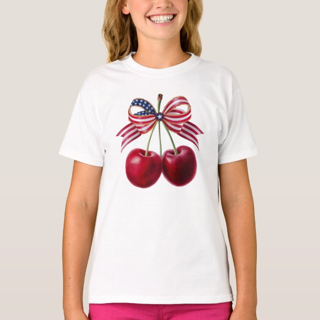 T-shirt Cerises patriotiques avec USA Drapeau Ruban été (Devant)