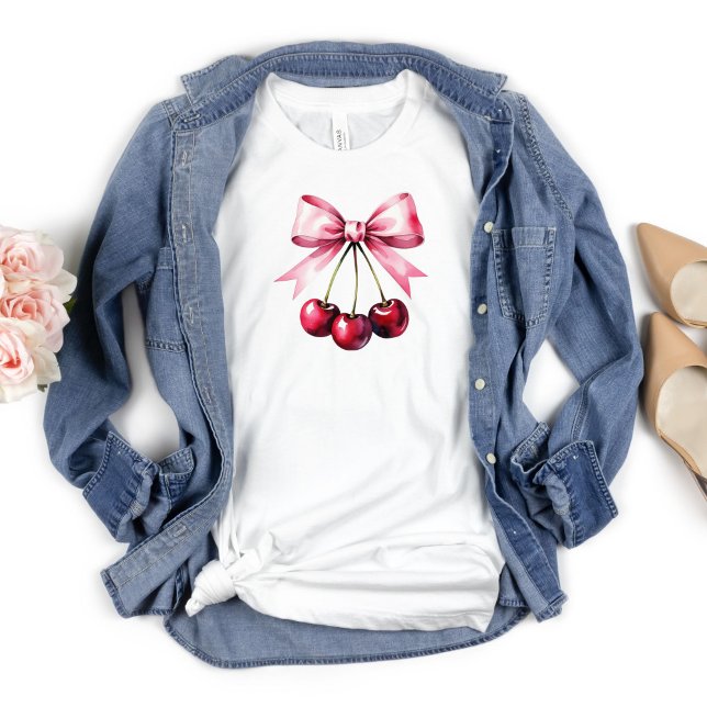 T-shirt Cerises Ruban Rose Coquette Esthétique Féminin Pré (Cherries Pink Bow Coquette Aesthetic, Trendy Preppy T-shirt for her)