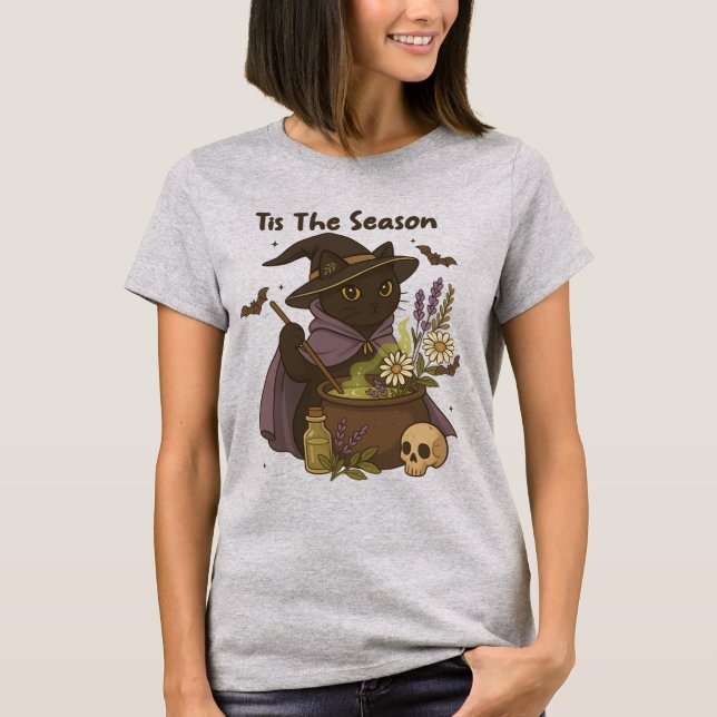 T-shirt C'est la saison de la sorcière chat avec chaudron (Devant)