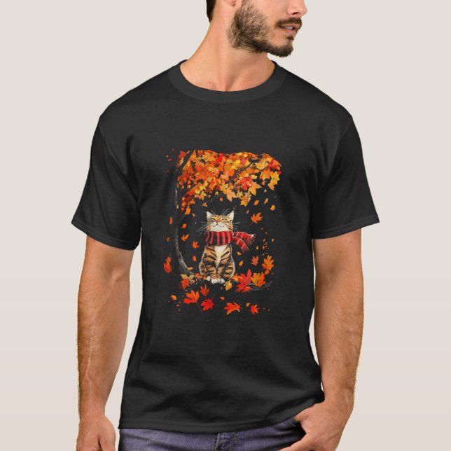 T-shirt C'est l'automne, à tous, chat de Thanksgiving, feu (Devant)