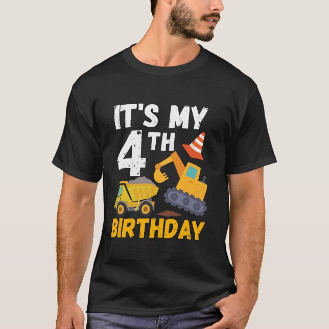 T-shirt C'est mon 4e anniversaire Construction Camions Enf (Devant)