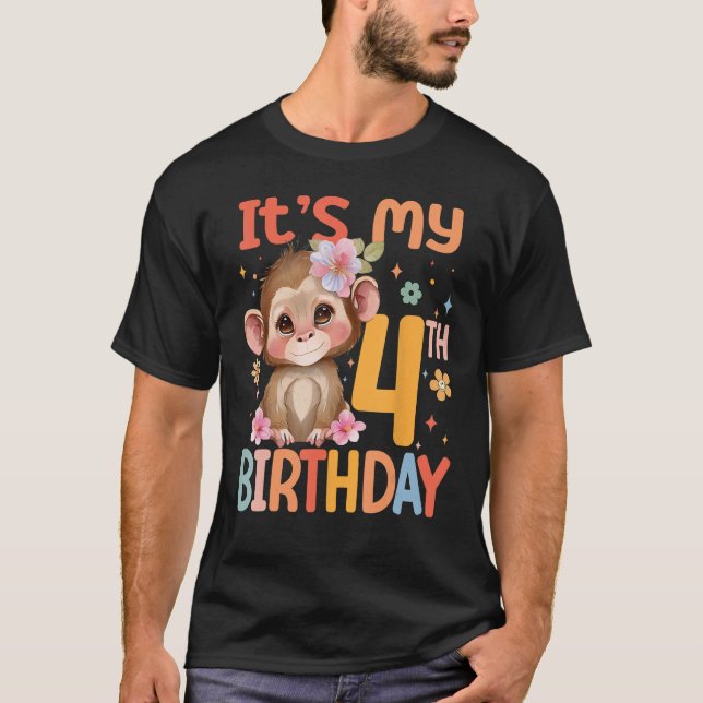 T-shirt C'est mon 4e anniversaire fille bébé singe Fleur 4 (Devant)