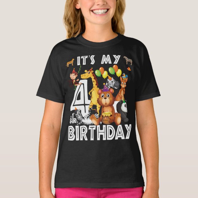 T-shirt C'est mon 4ème anniversaire Safari Jungle Animaux  (Devant)