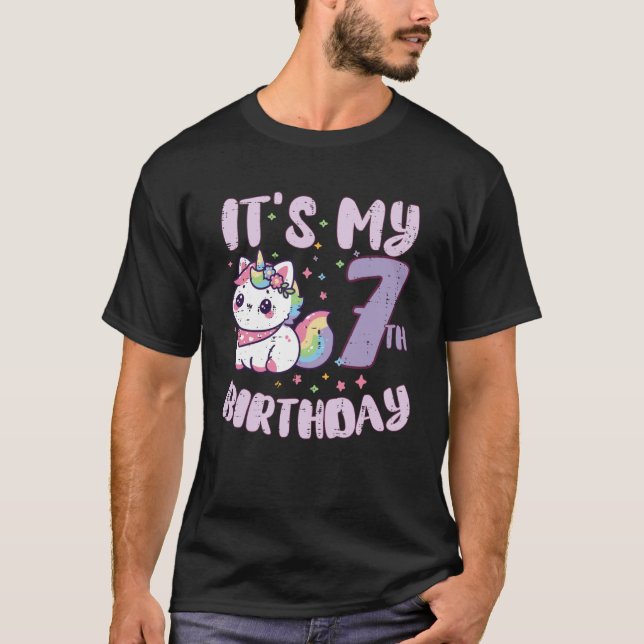 T-shirt C'est mon 7ème anniversaire Licorne Chat 7 ans Bda (Devant)