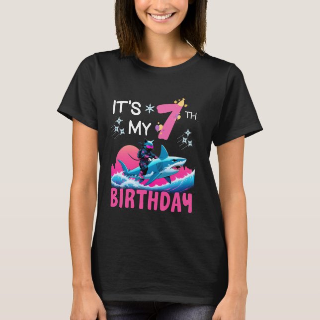 T-shirt C'est mon 7ème anniversaire Ninja Cat à cheval sur (Devant)