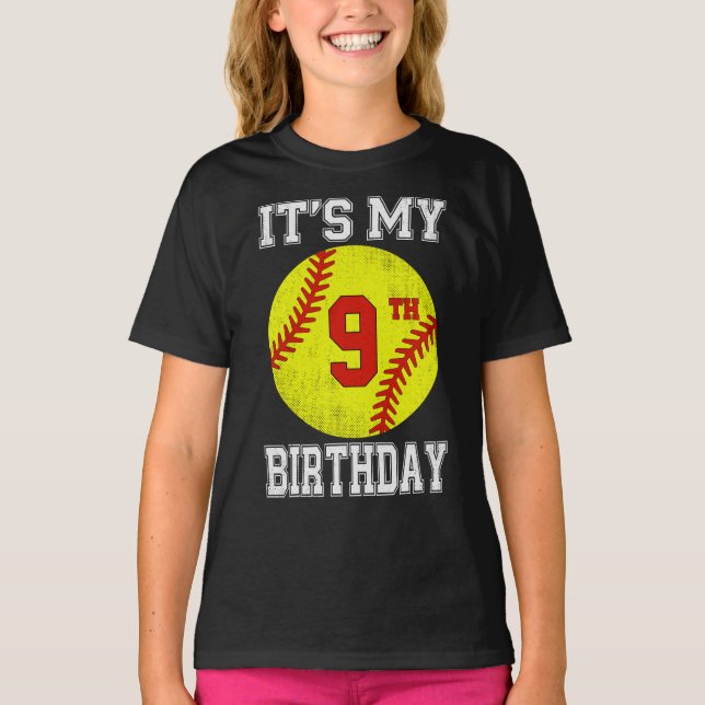 T-shirt C'est mon 9e anniversaire Fille Softball 9 ans (Devant)