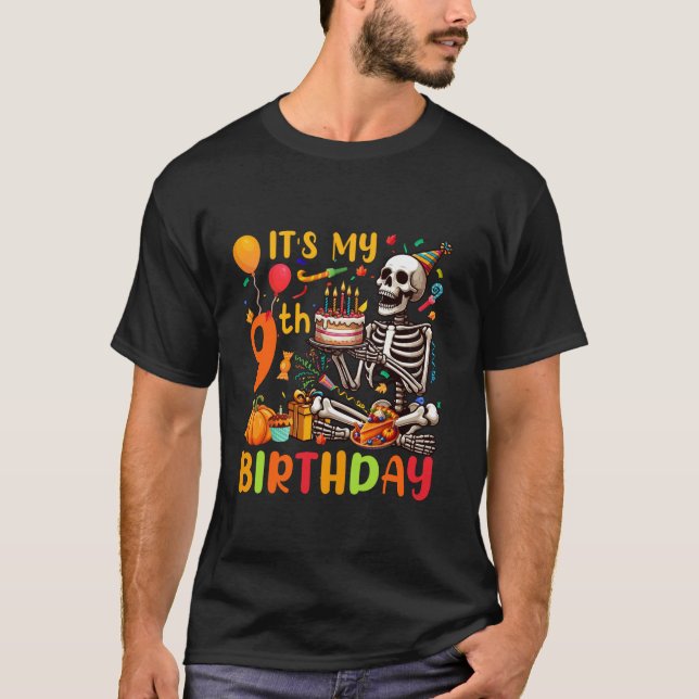 T-shirt C'est mon 9e anniversaire Thanksgiving Fall Skelet (Devant)