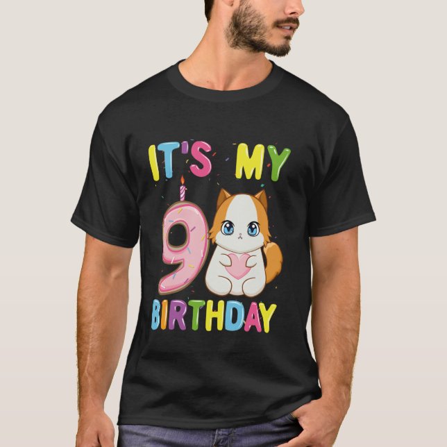 T-shirt C'est mon anniversaire 9 ans fille 9 ans chat Ragd (Devant)