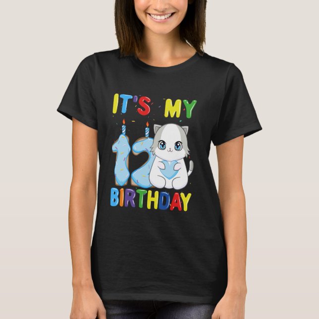 T-shirt C'est mon garçon d'anniversaire 12 ans 12 ans chat (Devant)