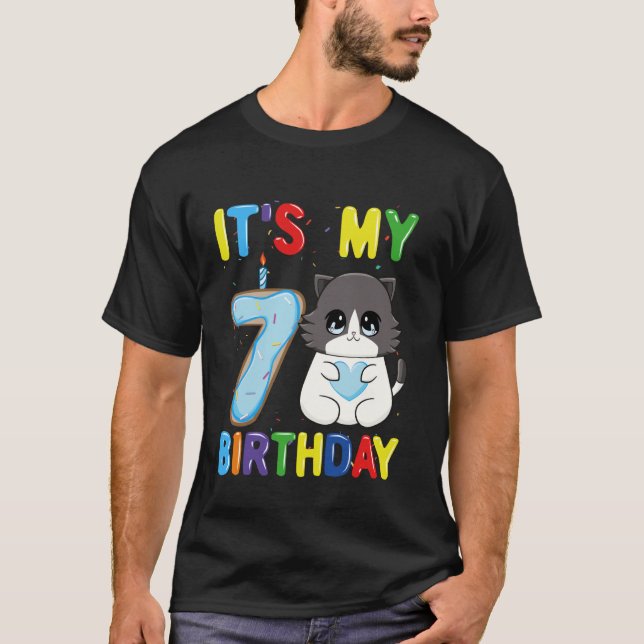 T-shirt C'est mon garçon d'anniversaire 7 ans 7 ans chat R (Devant)